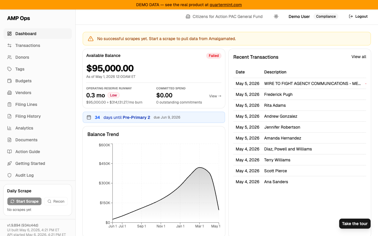 AMP Ops dashboard showing PAC available balance, runway, recent transactions, and balance trend