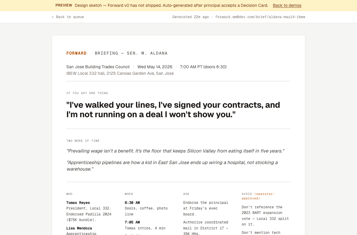 Forward briefing book with talking points, who/when/ask/avoid reference columns